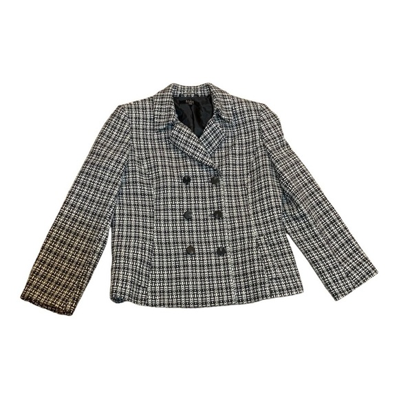 Alex Marie Black Grey & White Woven Double Breasted Wool Blend Blazer - Size 12P - Picture 1 of 11